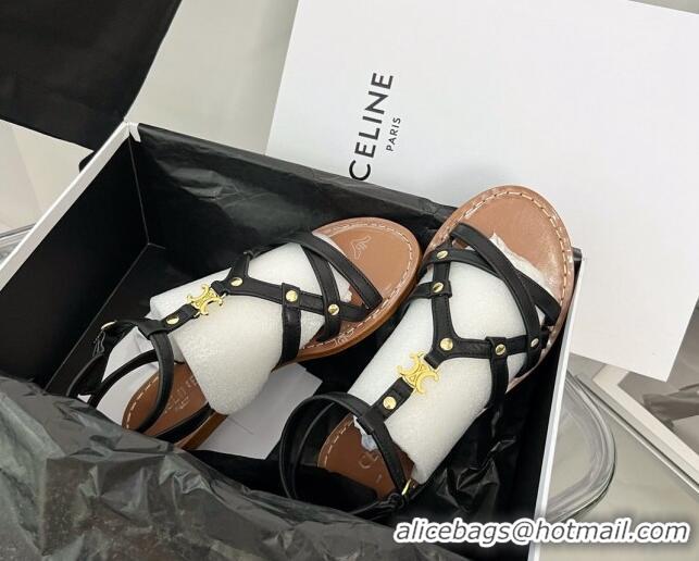 Unique Style Celine Triomphe Leather Strap Flat Sandals Black/Brown 331054