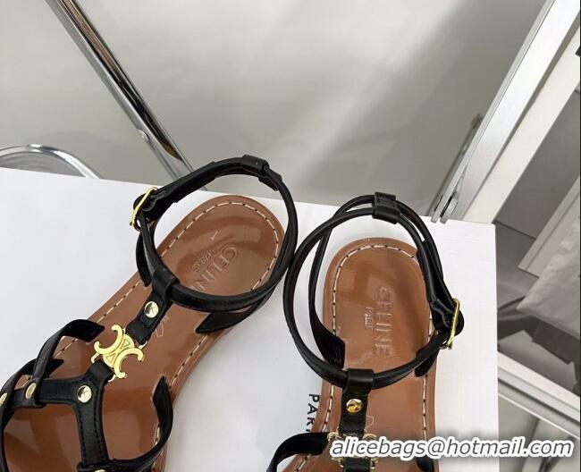 Unique Style Celine Triomphe Leather Strap Flat Sandals Black/Brown 331054