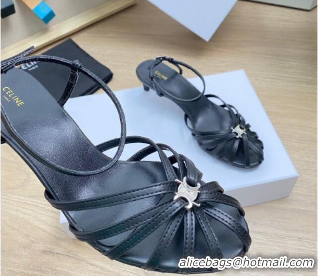 Classic Hot Celine Triomphe Heel Sandals 4.5cm in Calf Leather Black 331058