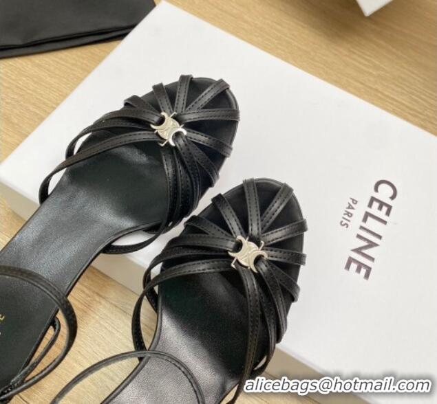 Classic Hot Celine Triomphe Heel Sandals 4.5cm in Calf Leather Black 331058