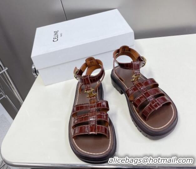 Best Price Celine Clea Triomphe Gladiator Chunky Sandals in Brown Embossed Calfskin 331063