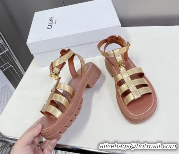 Good Looking Celine Clea Triomphe Gladiator Chunky Sandals in Gold Metallic Calfskin 331064