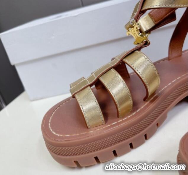 Good Looking Celine Clea Triomphe Gladiator Chunky Sandals in Gold Metallic Calfskin 331064