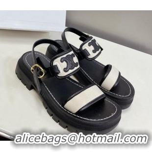 Low Price Celine Clea Triomphe Sandals in Calfskin and Canvas Black/White 331065