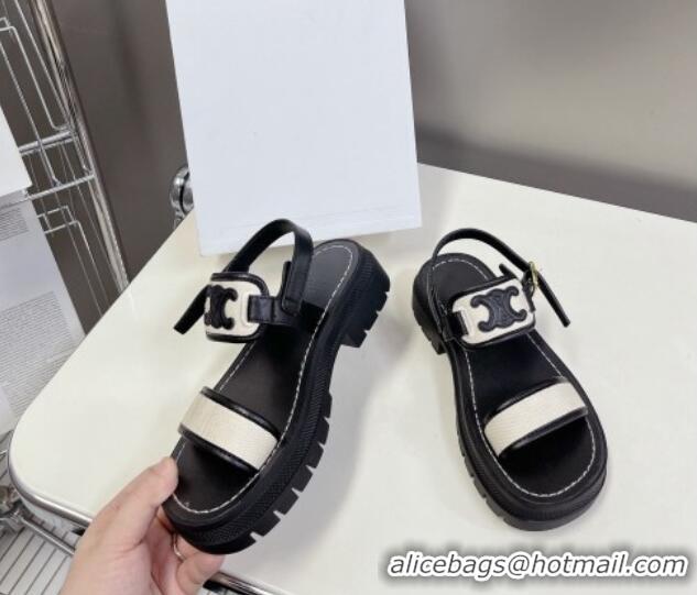 Low Price Celine Clea Triomphe Sandals in Calfskin and Canvas Black/White 331065