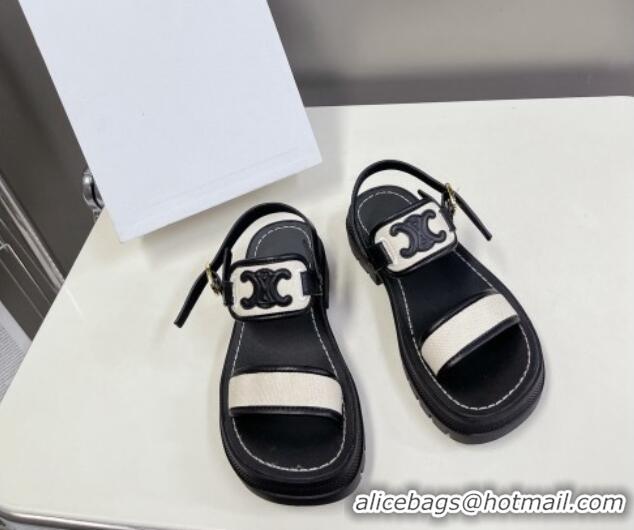 Low Price Celine Clea Triomphe Sandals in Calfskin and Canvas Black/White 331065