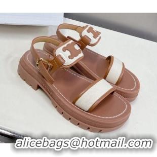 Good Quality Celine Clea Triomphe Sandals in Calfskin and Canvas Brown/White 331066