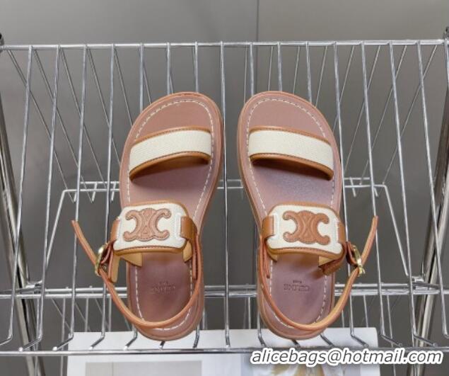 Good Quality Celine Clea Triomphe Sandals in Calfskin and Canvas Brown/White 331066