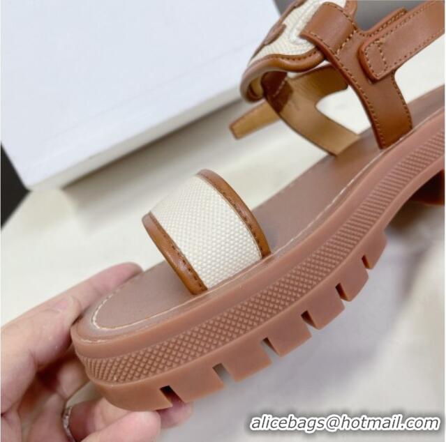 Good Quality Celine Clea Triomphe Sandals in Calfskin and Canvas Brown/White 331066