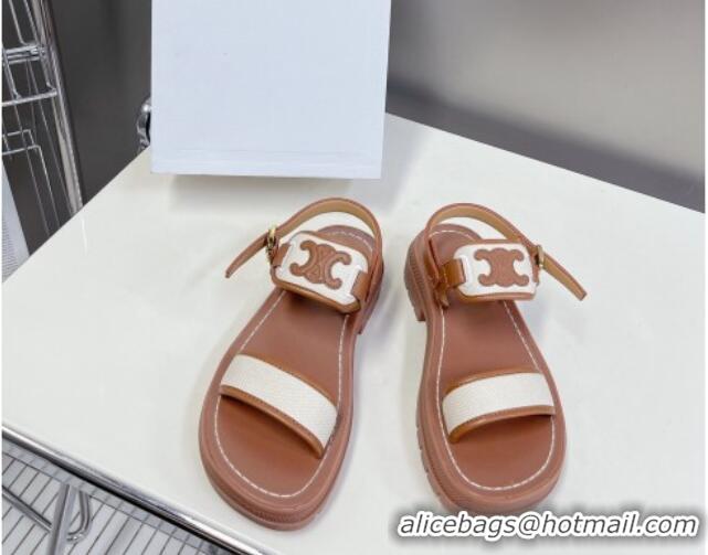 Good Quality Celine Clea Triomphe Sandals in Calfskin and Canvas Brown/White 331066