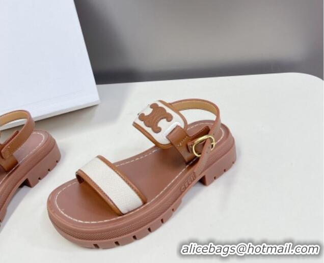 Good Quality Celine Clea Triomphe Sandals in Calfskin and Canvas Brown/White 331066