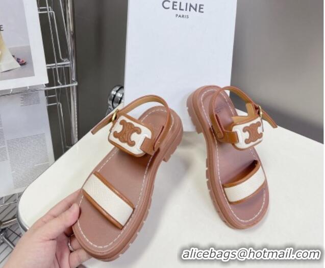 Good Quality Celine Clea Triomphe Sandals in Calfskin and Canvas Brown/White 331066