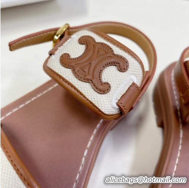 Good Quality Celine Clea Triomphe Sandals in Calfskin and Canvas Brown/White 331066