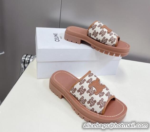 Top Design Celine Triomphe Canvas Slide Sandals in Calfskin and Canvas Brown 331067