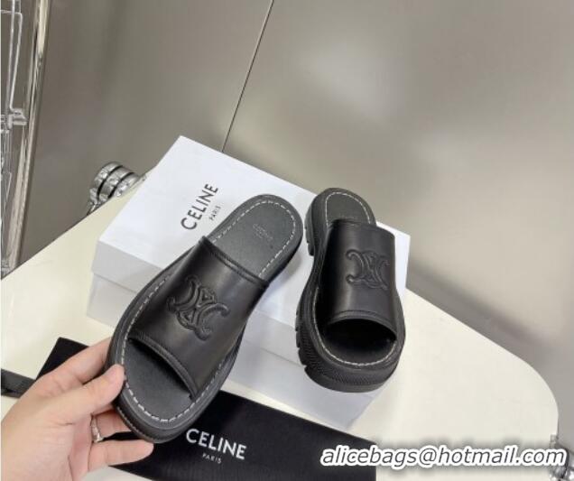 Best Grade Celine Clea Triomphe Slide Sandals in Black Calfskin 401033