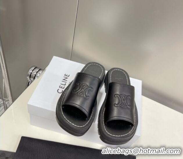 Best Grade Celine Clea Triomphe Slide Sandals in Black Calfskin 401033