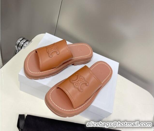 Good Quality Celine Clea Triomphe Slide Sandals in Brown Calfskin 401034