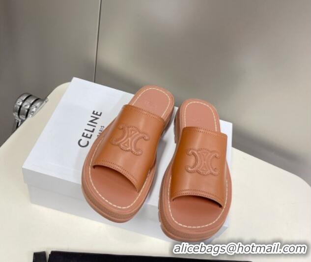 Good Quality Celine Clea Triomphe Slide Sandals in Brown Calfskin 401034