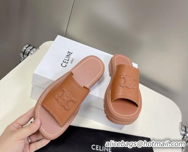 Good Quality Celine Clea Triomphe Slide Sandals in Brown Calfskin 401034