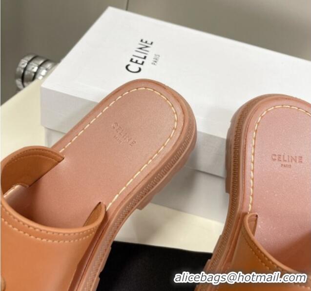 Good Quality Celine Clea Triomphe Slide Sandals in Brown Calfskin 401034