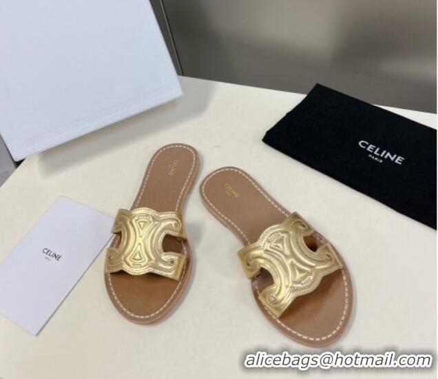 Good Product Celine Triomphe Flat Slide Sandals in Gold Metalized Calfskin 401035