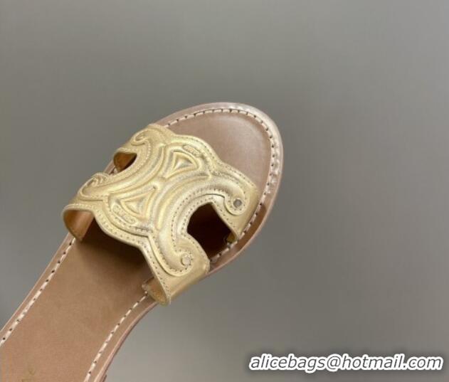 Good Product Celine Triomphe Flat Slide Sandals in Gold Metalized Calfskin 401035