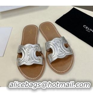 Best Product Celine Triomphe Flat Slide Sandals in Silver Metalized Calfskin 401036