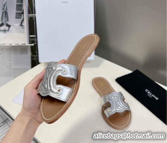 Best Product Celine Triomphe Flat Slide Sandals in Silver Metalized Calfskin 401036