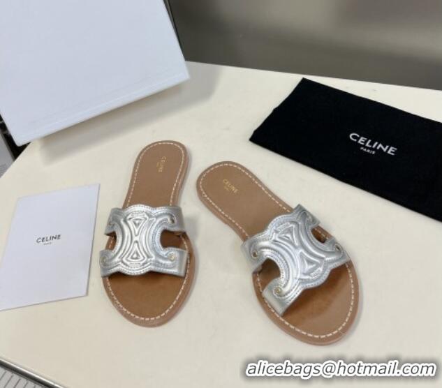 Best Product Celine Triomphe Flat Slide Sandals in Silver Metalized Calfskin 401036