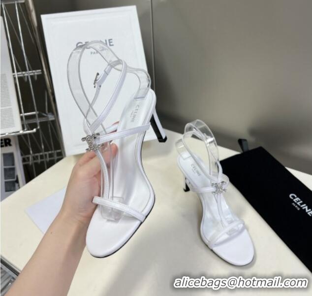 Perfect Celine Triomphe Leather Heel Sandals with Crystal White 524095