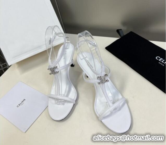 Perfect Celine Triomphe Leather Heel Sandals with Crystal White 524095