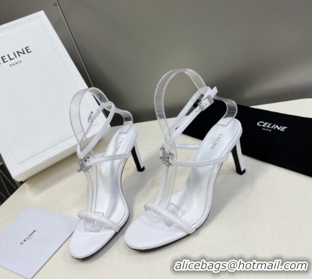 Perfect Celine Triomphe Leather Heel Sandals with Crystal White 524095