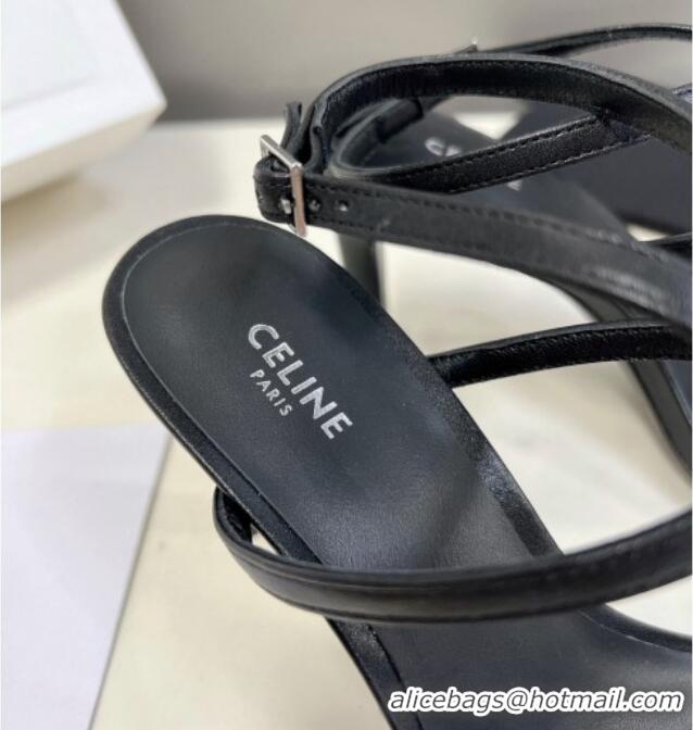 Top Grade Celine Triomphe Leather Heel Sandals with Crystal Black 524096