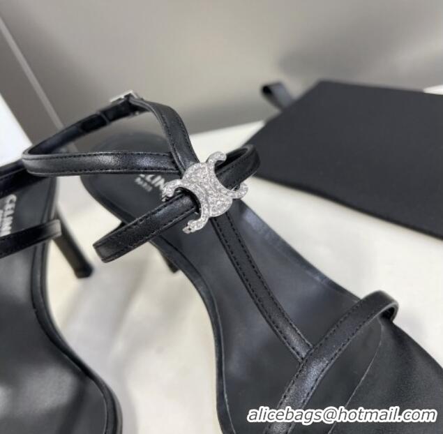 Top Grade Celine Triomphe Leather Heel Sandals with Crystal Black 524096