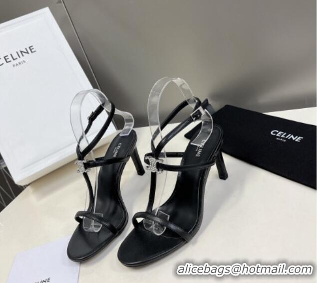 Top Grade Celine Triomphe Leather Heel Sandals with Crystal Black 524096