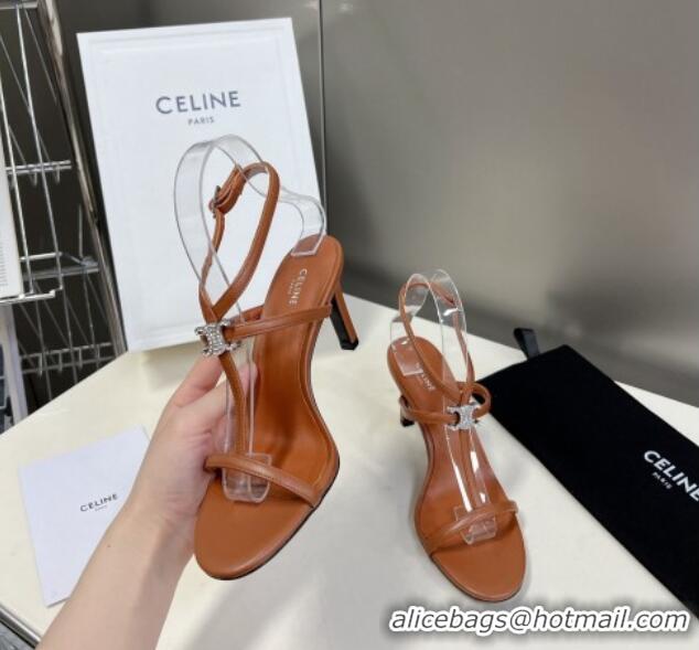 Best Price Celine Triomphe Leather Heel Sandals with Crystal Brown 524097