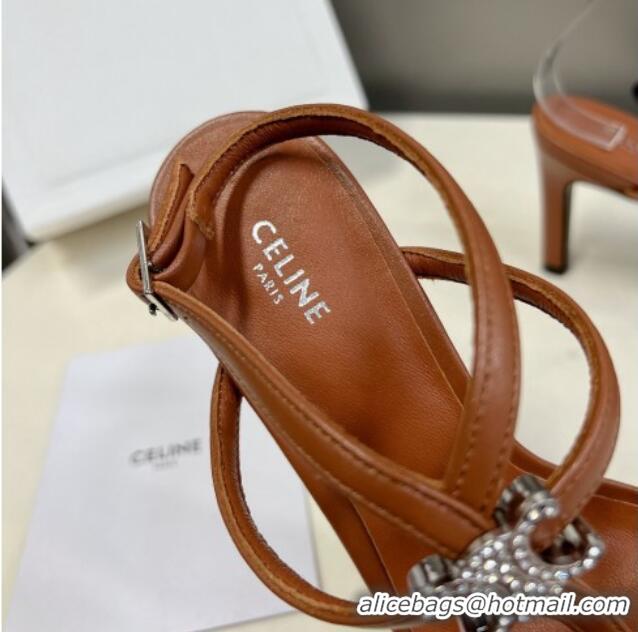 Best Price Celine Triomphe Leather Heel Sandals with Crystal Brown 524097