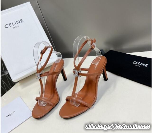 Best Price Celine Triomphe Leather Heel Sandals with Crystal Brown 524097