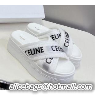 Best Product Celine Block Platform Slide Sandals in Mesh and Textile with Celine Jacquard White 524101