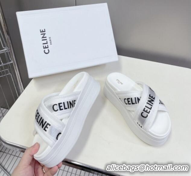 Best Product Celine Block Platform Slide Sandals in Mesh and Textile with Celine Jacquard White 524101