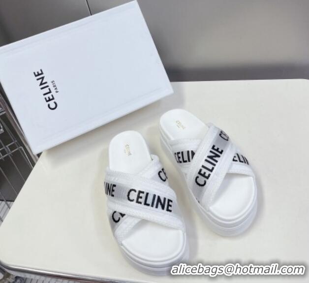 Best Product Celine Block Platform Slide Sandals in Mesh and Textile with Celine Jacquard White 524101