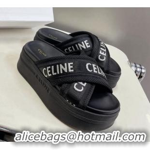 Classic Hot Celine Block Platform Slide Sandals in Mesh and Textile with Celine Jacquard Black 524102