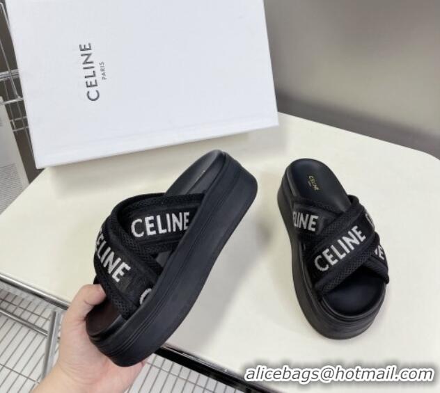 Classic Hot Celine Block Platform Slide Sandals in Mesh and Textile with Celine Jacquard Black 524102