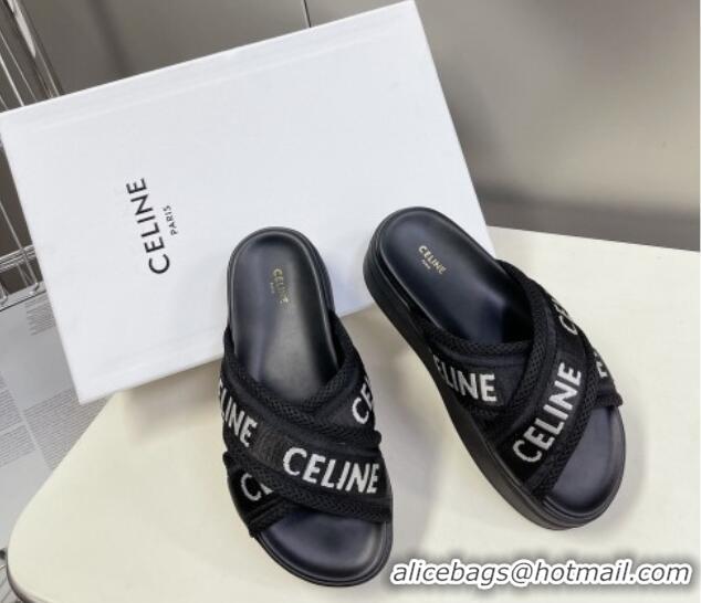 Classic Hot Celine Block Platform Slide Sandals in Mesh and Textile with Celine Jacquard Black 524102