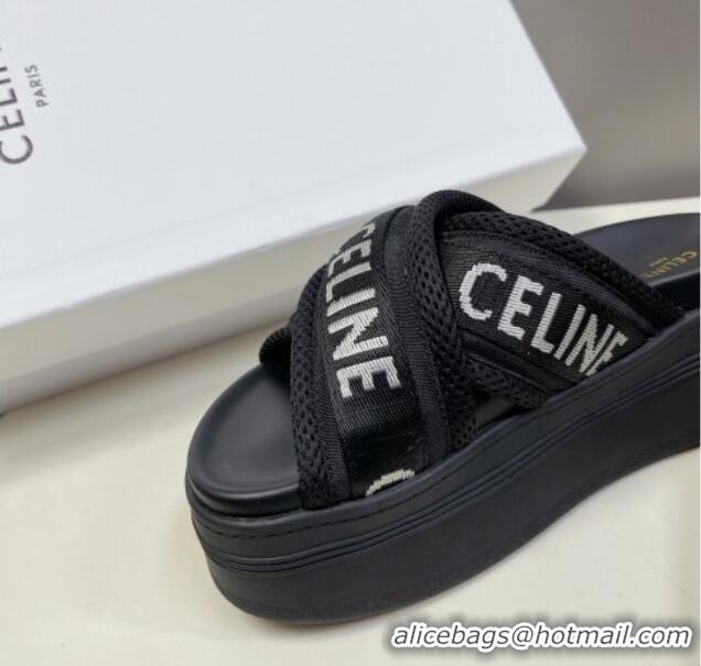 Classic Hot Celine Block Platform Slide Sandals in Mesh and Textile with Celine Jacquard Black 524102