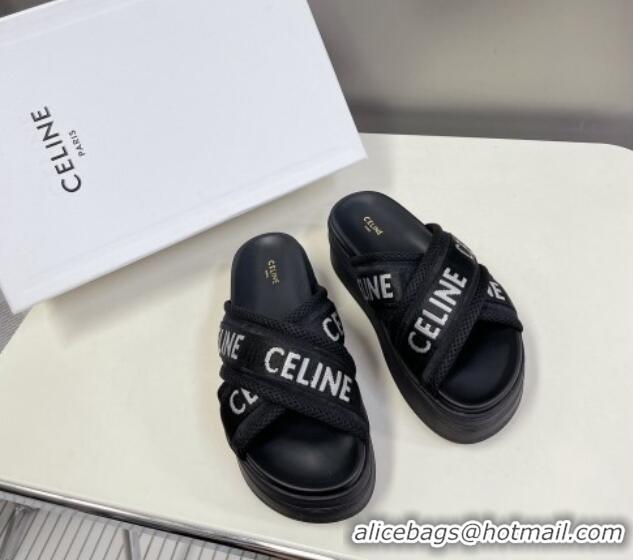 Classic Hot Celine Block Platform Slide Sandals in Mesh and Textile with Celine Jacquard Black 524102