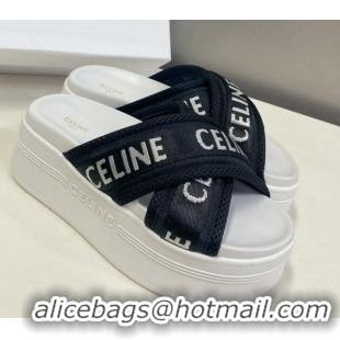 Good Looking Celine Block Platform Slide Sandals in Mesh and Textile with Celine Jacquard Black/White 524103