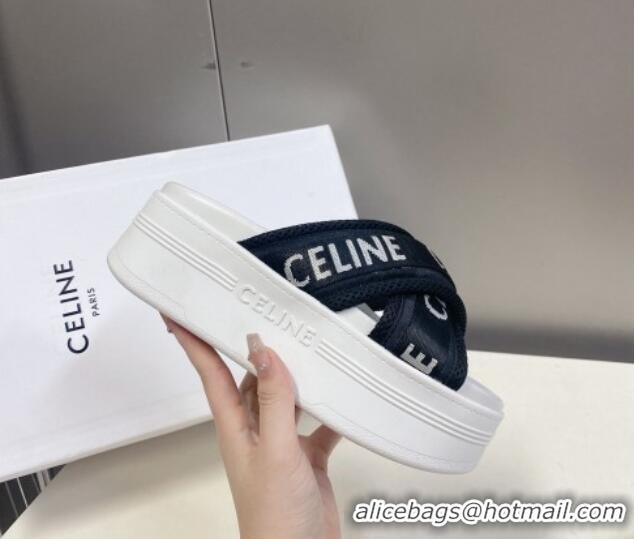 Good Looking Celine Block Platform Slide Sandals in Mesh and Textile with Celine Jacquard Black/White 524103