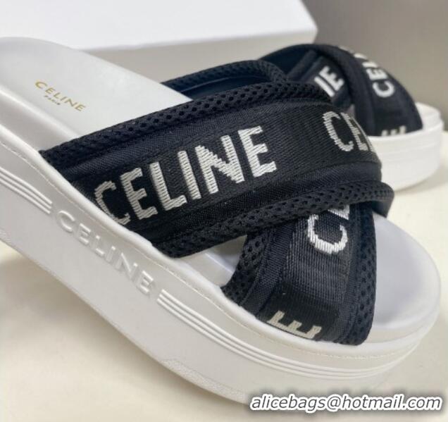 Good Looking Celine Block Platform Slide Sandals in Mesh and Textile with Celine Jacquard Black/White 524103