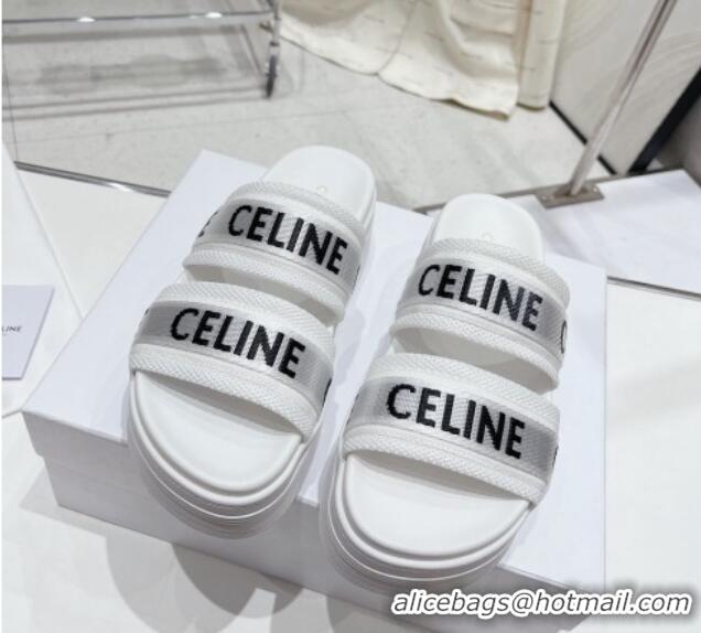 Top Design Celine Block Platform Slide Sandals in Mesh and Textile with Celine Jacquard White 524104